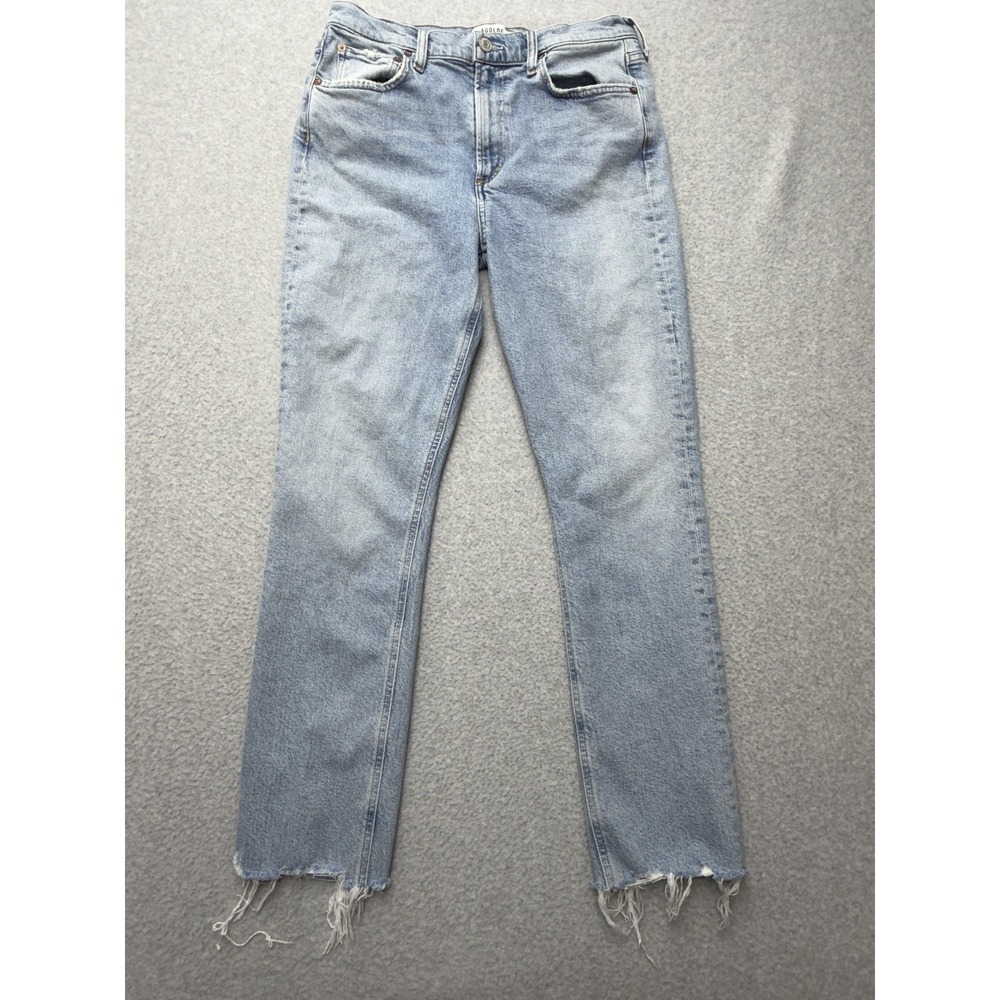 Agolde High Rise Straight Jeans in Light Blue with Frayed Hem